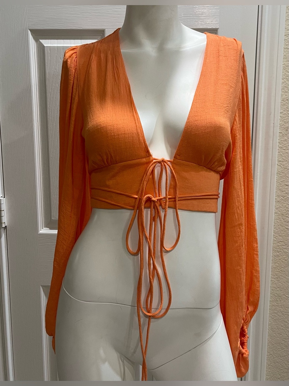 Peppermayo Orange Long Sleeve Wrap Tie Crop Top - Size US 4 / AU 8